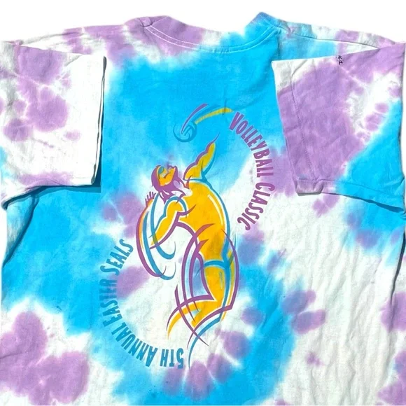 VINTAGE 90s TIE-DYED BLUE PURPLE VOLLEYBALL EASTER SEALS SINGLE STITCH TEE XL - Picture 1 of 10